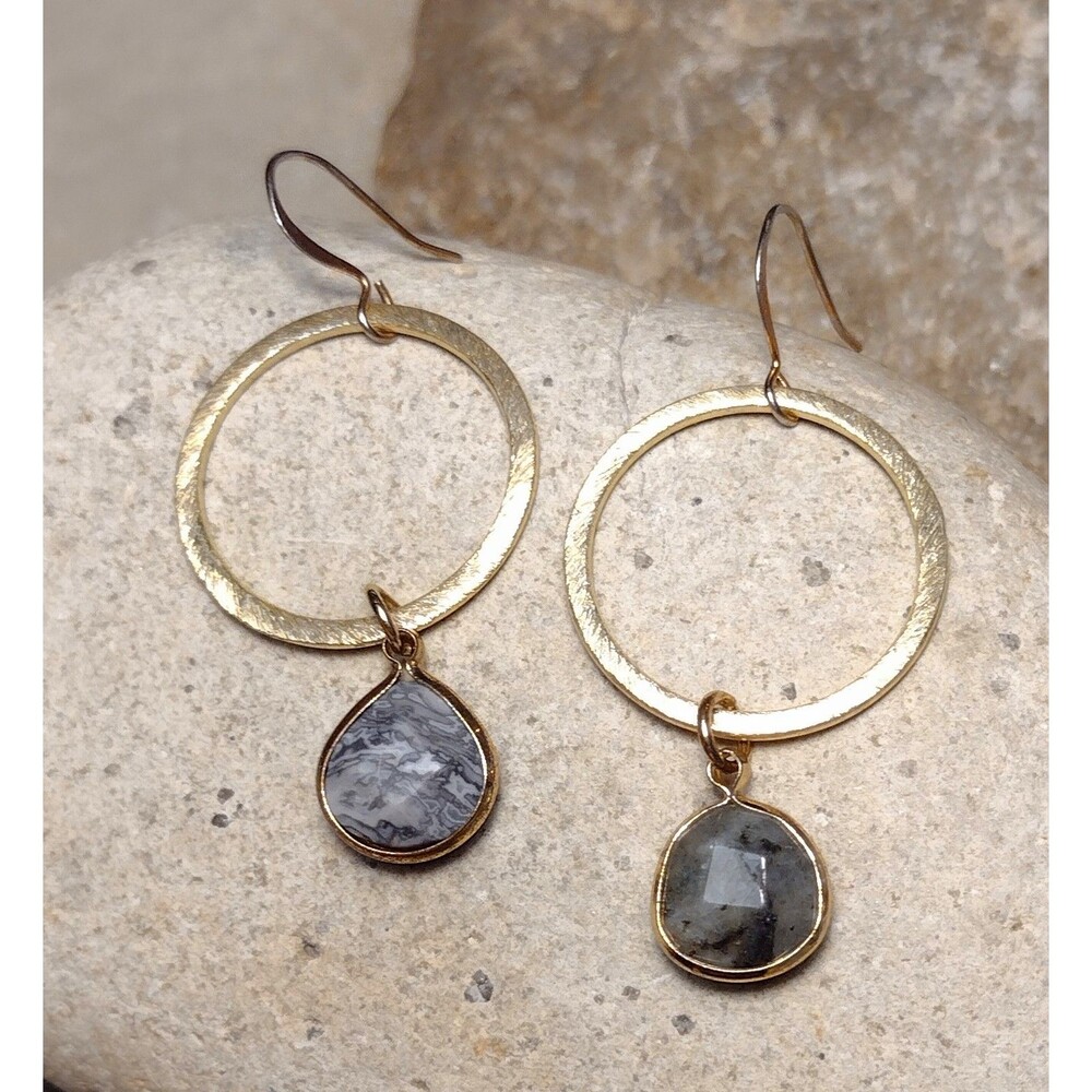 Crystal Bezel Satin Brushed Gold tone Hoop Dangle Earrings